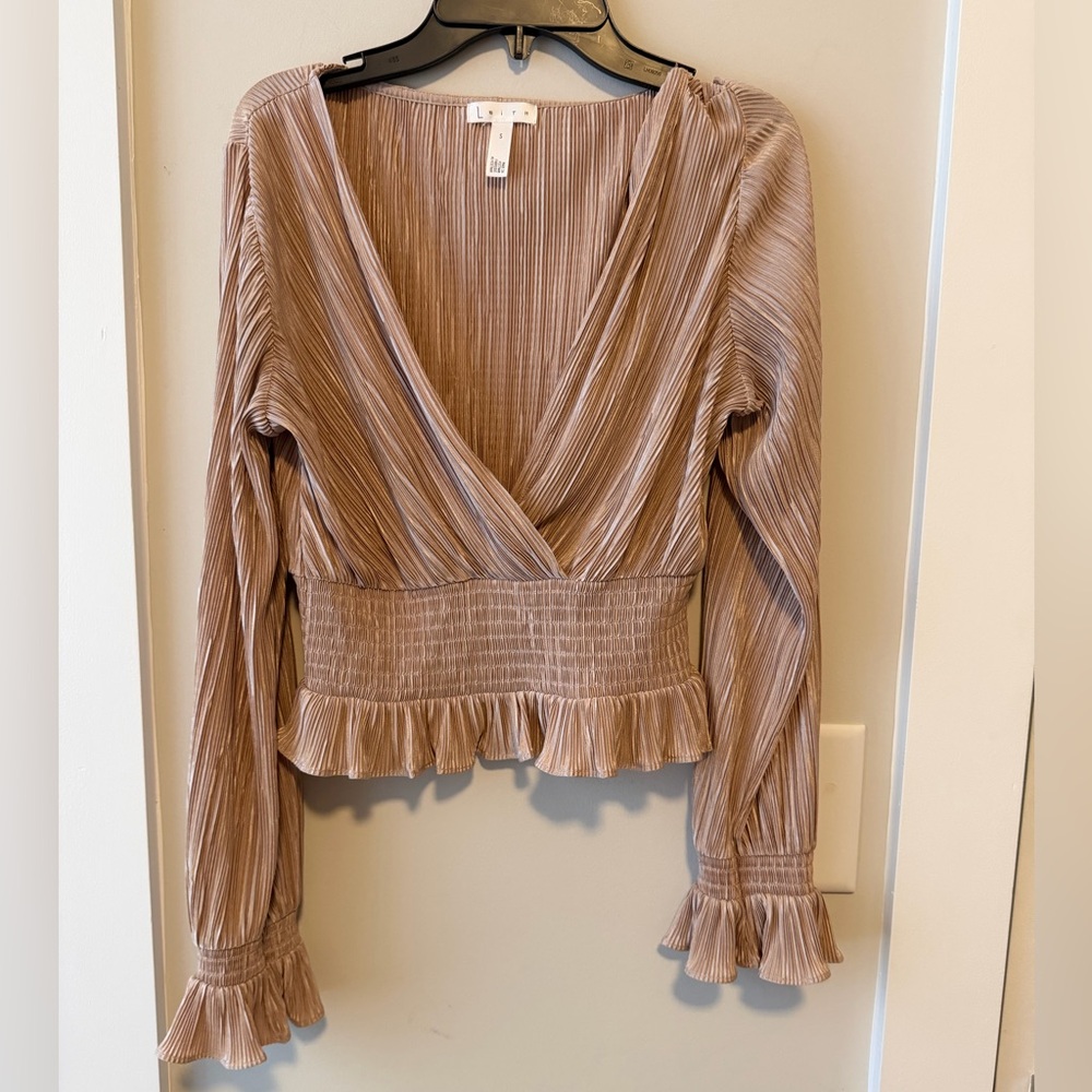 Leith Plissé Smocked Tan Taupe Blouse